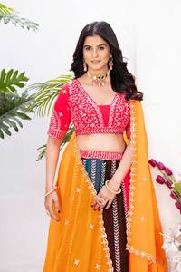 Traditional Red Embroidered Georgette Lehenga Choli Set Orange <b>Net</b> <b>Dupatta</b> Quick Dry All Seasons Wedding Party Wear Women's - Product Image 1