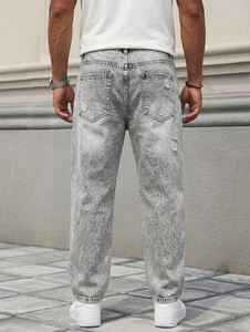 Jean en denim tissé coupe droite ample, délavé clair, avec bande latérale en strass, taille mi-haute, en coton léger, style streetwear - Product Image 3