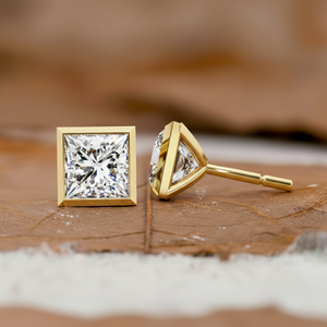 Pendientes de oro de 18k/14k/10k con diamantes de laboratorio de 0.5-2ct, estilo princesa, con engaste de bisel, joyería fina personalizada para mujer, para boda. - Product Image 1