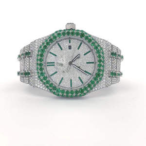 Luxury Unisex Quartz <b>Watch</b> Green Gemstone Bezel Diamond Dial Stainless Steel Band Analog - Product Image 1