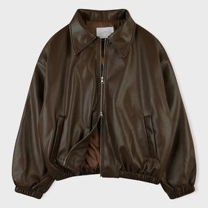 <b>Men's</b> <b>Brown</b> PU <b>Leather</b> Bomber <b>Jacket</b> Turn-down Collar Zipper Closure Casual Loose Fit Short Length Autumn Wear - Product Image 1