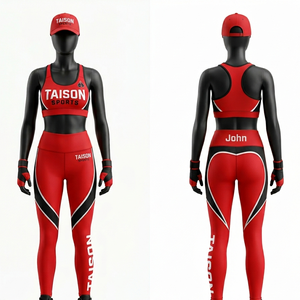 Premium 280 GSM Nylon Spandex Boxing Legging And Sports Bra Set Red Black Panel Design Heat Transfer Custom Logo - Product Image 1