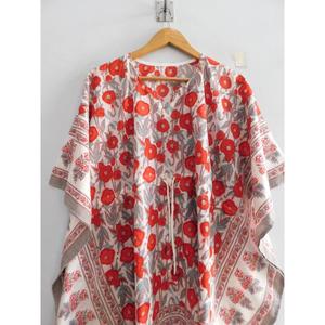 ชุดเดรสผ้าฝ้ายสไตล์โบฮีเมียน งานแฮนด์เมด พิมพ์ลายบล็อก คอวี แขนทรงปีกค้างคาว ทรงหลวม สวมคลุมชายหาด ชุดเที่ยวทะเลฤดูร้อน ลายดอกไม้ - Product Image 3