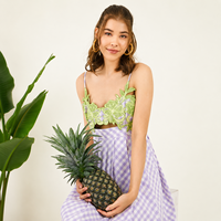 Damen Lavendel Einfarbiges Midi-Kleid mit Grüner Stickerei Spaghetti-Träger A-Linie Boho Sommerkleid 100% Baumwolle Atmungsaktiv