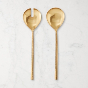 Set Of 2 Modern Stainless Steel Polished Brass Finish <b>Serving</b> <b>Spoons</b> <b>Gold</b> Hammered Metal Salad Servers For Wedding And Parties - Product Image 1