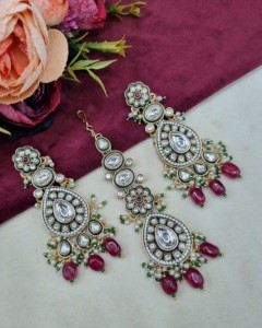 Designer Meenakari Flower Motif <b>Necklace</b> Set With Matching Earring & Mangtika Heavy Kundan <b>Necklace</b> Set Ethnic Wear Manufacturer - Product Image 6