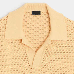 Polo de punto abierto con textura de ganchillo para hombre, ropa de verano 2026, amarillo suave, corte relajado, sin botones, cuello tipo campamento, HD - Product Image 4