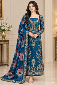 ชุดสาหรี่กะมีซกำมะหยี่สีน้ำเงินกรมท่าสุดหรู พร้อมงานปักลายทอง ความยาวระดับพื้น สำหรับงานแต่งงาน สไตล์อินเดีย-ปากีสถาน - Product Image 5