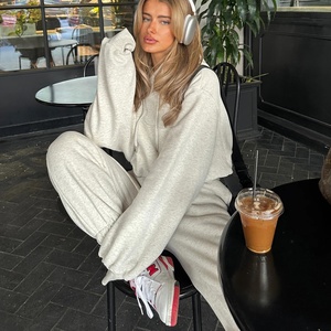 Women's Solid Color Hooded Tracksuit Set Loose Fit Full Sleeve Casual Sweatshirt and Elastic Waist <b>Pants</b> 2 Piece Outfit Autumn - Product Image 2