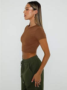 Top Corto Cómodo de Canalé a Cuadros para Mujer, Elástico, Bonito, para Verano, de Algodón Elástico, Transpirable, Ecológico, de Secado Rápido, para Uso Diario - Product Image 3