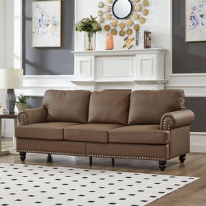 Divano Moderno Classico in Pelle da 83 Pollici per Soggiorno, Imbottito con Borchie e Similpelle Marrone - Product Image 3