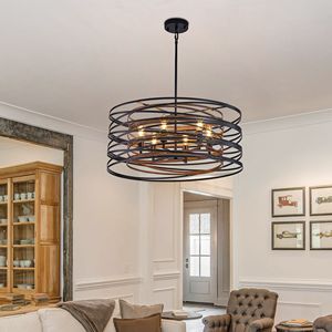 Lampadario a sospensione industriale rustico da 24 pollici a 6 luci, gabbia in metallo nero noce con accenti in legno per isole cucina o sala da pranzo - Product Image 4