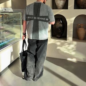 T-shirts surdimensionnés personnalisés pour hommes, en tissu épais, style vintage délavé, avec impression en relief et tissu contrastant - Product Image 4