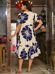 Vestido de Algodón 100% Tejido Ecológico para Mujer, Color Blanco Marino con Estampado Floral, Largo hasta la Rodilla, Cintura Imperio - Product Image 3