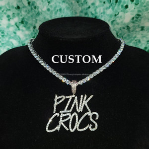 Custom " Pink " <b>Letter</b> Pendant Necklace Iced Out Moissanite Diamond Tennis Chain Hip Hop Jewelry - Product Image 1