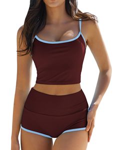 Maillot de bain deux pièces pour femme, haut court à bretelles spaghetti et bas de bikini style boyshort taille haute - Product Image 1