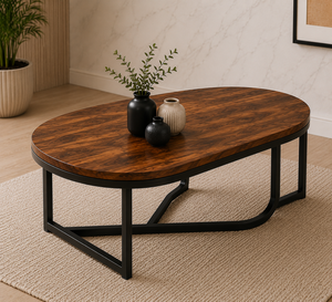 Table basse ovale contemporaine avec plateau en bois de noyer et base en métal noir élégante pour salon et mobilier de séjour - Product Image 3