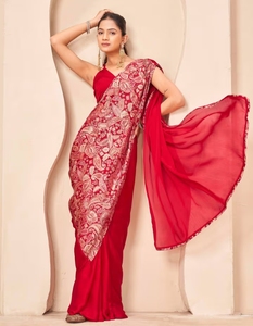 KV Women's <b>Red</b> Satin Plain Bollywood Style <b>Saree</b> With Unstitched Blouse - Product Image 6