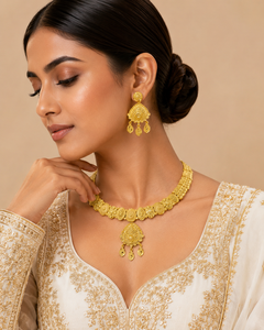 Elegant Indian Pattern 24K Gold Plated Brass African Wedding Charm Necklace Jewelry Set with Flower Design and Matching Earrings - Product Image 3