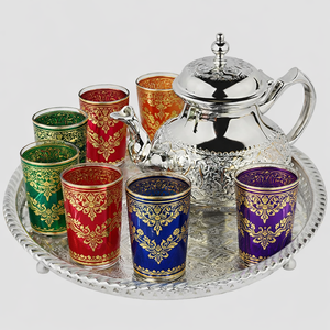 Service à thé marocain en alliage d'aluminium avec 6 verres, 1 plateau et 1 théière dans un coffret cadeau - Product Image 1