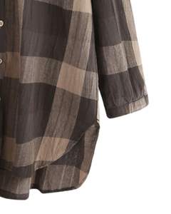 Vestido Camisero Largo a Cuadros Gris Beige Personalizado para Mujer, Estilo Túnica Casual con Botones, Holgado y Suave de Algodón y Lino - Product Image 6