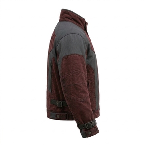 Blouson de moto vintage en jean bordeaux pour homme, style streetwear, avec patchwork en cuir et multiples poches, vêtement d'extérieur pour la conduite - Product Image 3