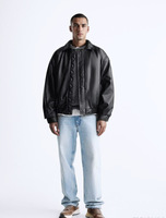Blouson Bomber en Cuir Noir pour Homme, Col Rabattu, Fermeture Éclair, Coupe Décontractée Hiver, Couleur Unie, Logo Avant