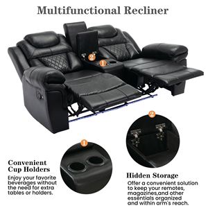 Reclinabile per Home Theater nero con portabicchieri a striscia luminosa a LED e ripostiglio per soggiorno - Product Image 4