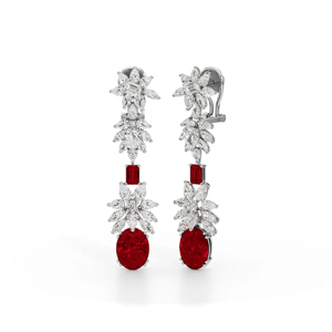 Pendientes colgantes de rodio para mujer con rubí y diamantes talla marquesa, diseño floral, estilo clásico para boda - Product Image 1