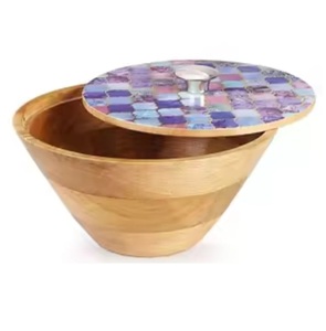 Tazón para Servir Frutas de Diseño Moderno con Tapa, Tazón de Madera con Acabado Esmaltado, Tazón Redondo para Mezclar Ensaladas para Catering - Product Image 1