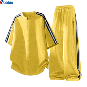 Conjunto Deportivo Unisex de Estilo Moderno, Negro, con Top de Manga Corta con Cierre de Media Cremallera y Rayas, Pantalones Holgados con Cordón Ajustable, Transpirable, Deportivo, para Verano - Product Image 6