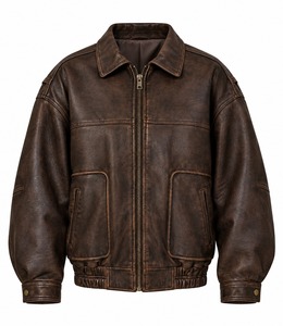 Blouson bomber en similicuir marron, style vintage, veste moto, fermeture éclair, manteau d'hiver décontracté - Product Image 6