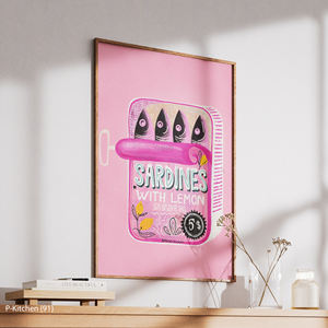 Arte de pared en lienzo para cocina, color rosa, impresión de sardinas dibujadas a mano, ilustración de envases de alimentos, decoración de pared para comedor - Product Image 3