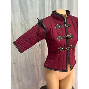 Premium Medieval Wine-Red Quilted Gambeson Jacket Padded Canvas Coat With Leather Buckle Closures For LARP Cosplay - Product Image 2