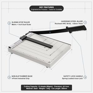 Taglierina per Carta <span class=keywords><strong>A4</strong></span> a Ghigliottina, Tagliacarte Professionale con Base in Metallo Resistente, Taglia 12 Fogli, Conforme RoHS, Tagliacarte Manuale per Ufficio, Basso MOQ - Product Image 3