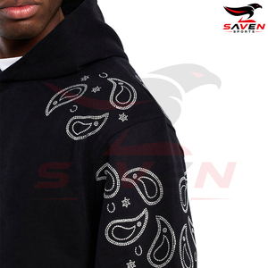 Sweat à capuche épais noir avec strass pour homme, streetwear, épaules tombantes, motif diamant, pull personnalisé en coton lourd - Product Image 6