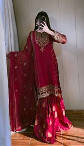 New Designer Party <b>Top</b> Palazzo Dupatta Set with satin work embossed designs - Product Image 3