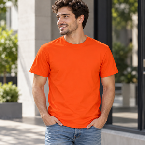 Men <b>Orange</b> Short Sleeve <b>T</b>-<b>Shirt</b> Regular Fit O-Neck Casual Solid Color Cotton Jersey Plain Dyed Style - Product Image 1