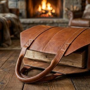 Sac de transport pour bois de chauffage en cuir véritable et bois, robuste, fait main, portable, pour foyer extérieur, LWC-0070 - Product Image 4