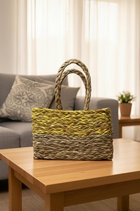 Handwoven Grass <b>Basket</b> <b>with</b> Festive Trimand <b>Handle</b> (yellow) Eco-Friendly Stylish Storage grass <b>Basket</b> - Product Image 5