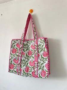 Luxury <b>White</b> Floral Quilted Cotton Tote <b>Bag</b> with <b>Hand</b> Block print Bohemian Style Open Casual Shopping Tote <b>Bag</b> for Women - Product Image 6