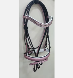Cabezada de cuero rosa con purpurina y adornos de diamantes de imitación, ajustable para equitación - Personalizable - Product Image 1