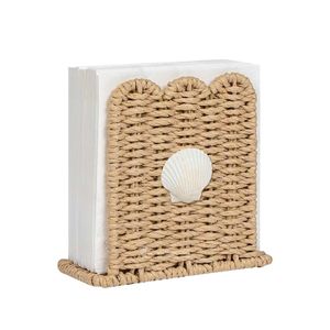 Scalloped Woven Square Napkin Holder Handmade <b>Paper</b> Rope Water Hyacinth Tissue Box Cover Farmhouse <b>Kitchen</b> Dining Decor - Product Image 1