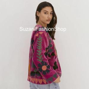 Veste en velours Suzani unisexe de haute qualité, broderie florale, manches longues, style hiver, design pull-over, vente en gros - Product Image 4