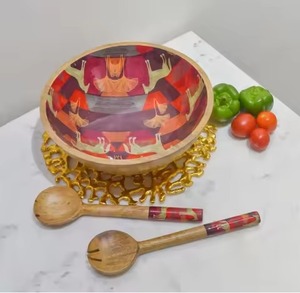 Juego de Cuchara y Tazón para Ensalada de Madera Esmaltada, Impresión Multicolor, Tamaño Personalizable, Diseño Redondo Moderno, Material de Vidrio, Fabricado en India - Product Image 1