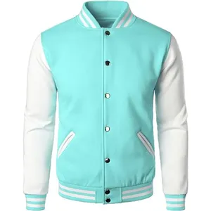 เสื้อแจ็คเก็ตวาร์ซิตี้สีขาวเทอร์ควอยซ์สำหรับผู้ชาย คอปกแบบพับได้ ทรงปกติ สวมใส่ได้ในฤดูใบไม้ร่วง สีพื้น ปิดด้วยกระดุม - Product Image 1