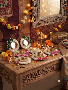 Handcrafted Durable Eco-Friendly Indian Festive Decor Metal <b>Tealight</b> <b>Candle</b> Holders Traditional Mirror Rangoli Diya Holder - Product Image 3