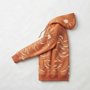 Men's Orange Embossed Sun Pattern Hooded Bomber <b>Jacket</b> Casual Autumn Zipper Closure Regular Fit PU Material - Product Image 2