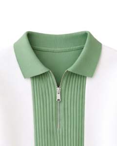 Sudadera Polo de Manga Larga para Hombre, Color Verde Salvia y Blanco, con Cierre de Cremallera, Paneles Acanalados, Estilo Casual, de Forro Polar, para Uso Diario - Product Image 5