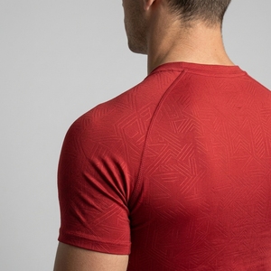 T-shirt de compression rouge à manches courtes pour homme, coupe ajustée, séchage rapide, col rond, tricoté, haut de performance athlétique - Product Image 4